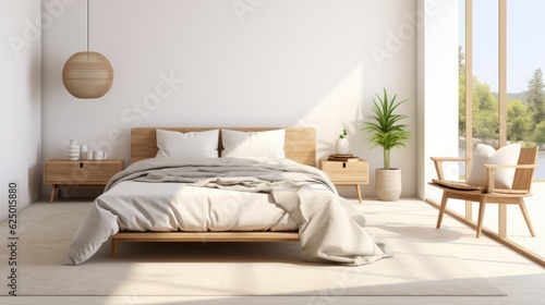 Early in the morning in a modern and bright white bedroom with wooden furniture, cushions, blankets, food tray on the bed. bedside table and round mirror hanging on the wall