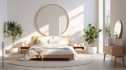 Fotografiet Early in the morning in a modern and bright white bedroom with wooden furniture, cushions, blankets, food tray on the bed
