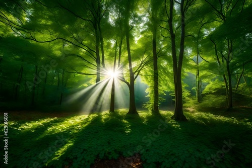 sun rays through the forest generated by AI technology