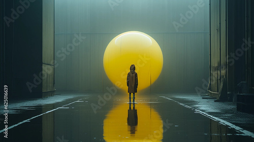 Artwork Depicting a Child Staring at a Large Yellow Sphere Generative AI