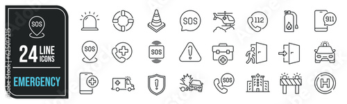 Emergency simple minimal thin line icons. Related SOS, safety, alarm, urgency, warning. Editable stroke. Vector illustration.