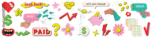 Set of retro styled money stickers or icons, money machine gun. Colorful patch, tag, stamp, label, badge. Hand drawn vector illustration with texture Isolated on background.