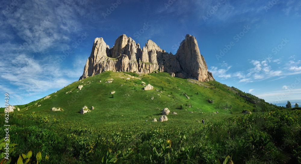 Panorama Big Thach mountain range. Summer landscape Mountain with rocky peak. Russia, Republic of Adygea, Big Thach Nature Park, Caucasus