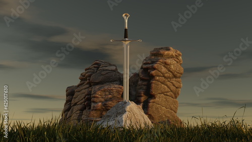 Foto Sword excalibur in stone in mountains