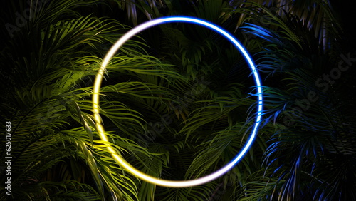 Tropical foliage at night in the jungle  neon glow  circle ring leaves. 3d render