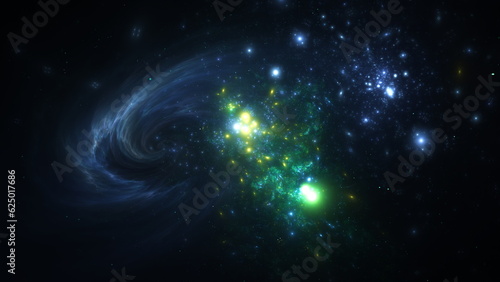 Amazing galaxy cluster of massive stars in space. Boundless universe, gas nebula in outer space. 3d render