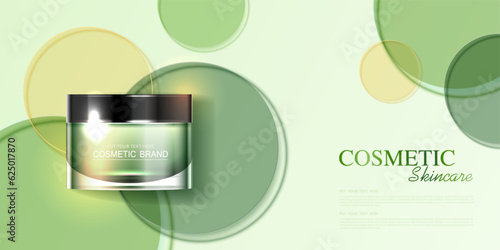 Refreshing cosmetics or skin care product ads with bottle, banner ad for beauty products, circular glass disks for packaging presentation on green background. vector design.