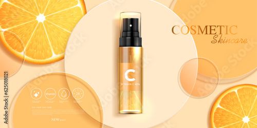 Cosmetics vitamin C or skin care product ads with bottle, realistic package mockup. banner ad for beauty products and orange background. vector design.
