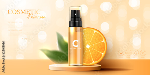 Cosmetics vitamin C or skin care product ads with bottle, realistic package mockup. banner ad for beauty products and orange background. vector design.
