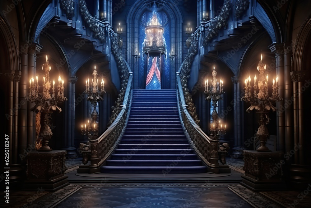 Obraz premium Royal palace hallway. Ai. With stairs at night