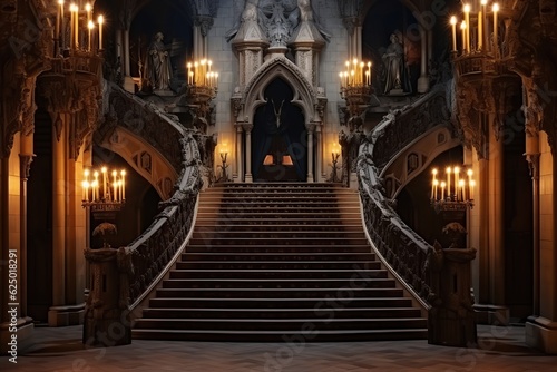 Royal palace hallway. Ai. With stairs at night © Ara Hovhannisyan