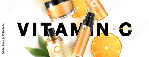 Cosmetics vitamin C or skin care product ads with bottle, realistic package mockup. banner ad for beauty products and orange background. vector design.