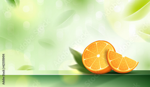 Juicy oranges with green leaves on premium podium display for product. applicable for fruit juice advertising. cosmetics vitamin C or skin care. vector design.