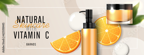 Cosmetics vitamin C or skin care product ads with bottle, realistic package mockup. banner ad for beauty products and orange background. vector design.