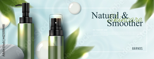 Moisture and refreshing vitamin E skincare product ads with watery water to moisturize the face. bottle and realistic package mockup. banner ad for beauty products and blue background. cosmetic vector