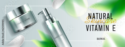 Moisture and refreshing vitamin E skincare product ads with watery water to moisturize the face. bottle and realistic package mockup. banner ad for beauty products and blue background. cosmetic vector