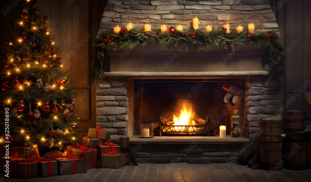 Festive Christmas Tree and Cozy Fireplace - AI-Generated