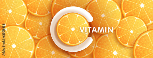 Drop water vitamin c orange and structure. vitamin solution complex with chemical formula from nature. beauty treatment nutrition skin care design. medical and scientific concepts for cosmetic.