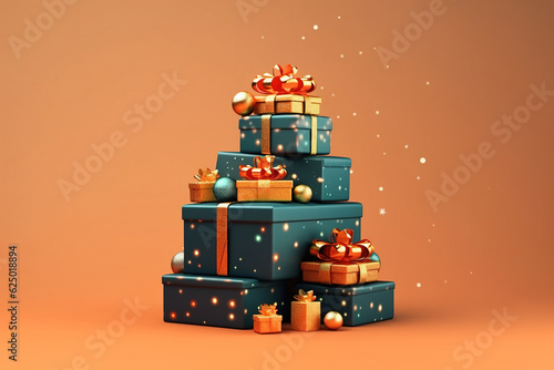 Merry Christmas  Happy New Year illustration concept. Set of gift boxes decorated with ribbons on a beige background