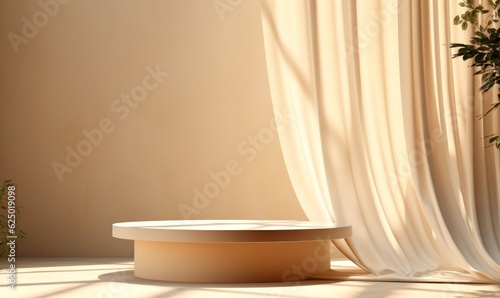 Modern and luxury empty beige round podium with brown curtain and autumn leaves in beige room with shadow light background. Elegant scene for product photography