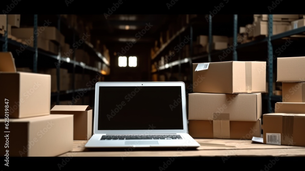 Online e-commerce store mockup, dropshipping business website concept Desk with laptop computer mockup blank white screen. Delivery box, retail market, warehouse delivery background, signboard Online e-commerce store mockup, dropshipping business website concept Desk with laptop computer mockup blank white screen. Delivery box, retail market, warehouse delivery background, signboard