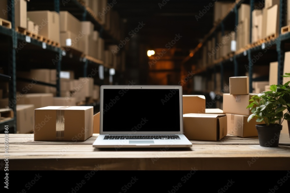 Online e-commerce store mockup, dropshipping business website concept Desk with laptop computer mockup blank white screen. Delivery box, retail market, warehouse delivery background, signboard Online e-commerce store mockup, dropshipping business website concept Desk with laptop computer mockup blank white screen. Delivery box, retail market, warehouse delivery background, signboard