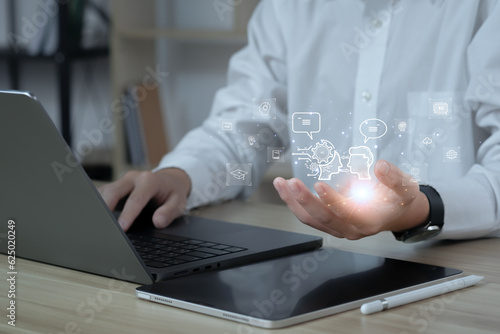 Man using technology smart robot AI, artificial intelligence by enter command prompt for generates something, Futuristic technology transformation. Chatbot Chat with AI, Artificial Intelligence.