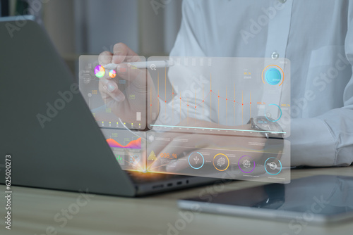 Business executives use business news metrics to measure success against planned targets, Improving business process efficiency. KPI key performance indicator business technology concept.