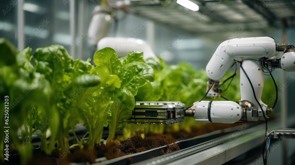Smart robotic arms in hydroponic greenhouses for farmers in agriculture of the future: automation, technology and growth observation. Autonomous farming with robotic harvesting and 5G connectivity