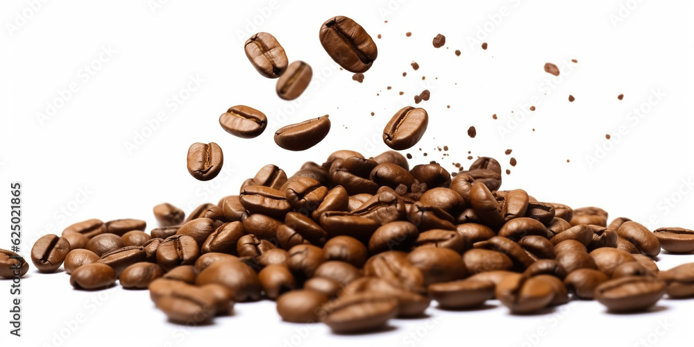 Naklejka premium A bunch of coffee beans and falling coffee beans on a white background