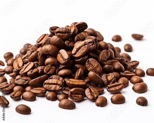 A bunch of coffee beans and falling coffee beans on a white background