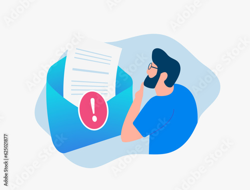 Receiving an important letter that you need to pay attention to or fraud email concept. Protect from phishing scams and fraudulent emails. Man character carefully reads and checks received letter