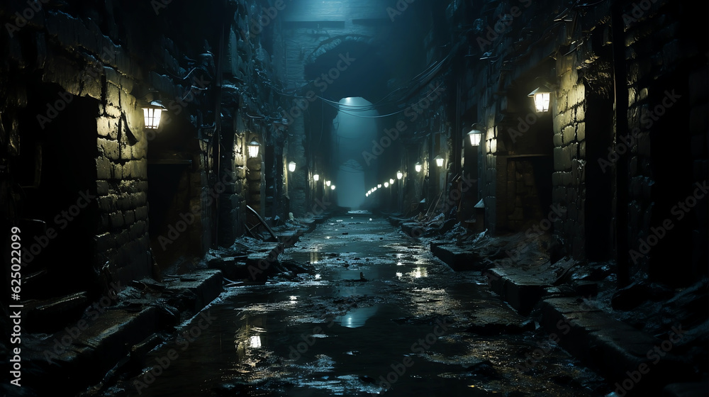 Haunted catacombs tunnel underground corridor halloween setting - Generative AI