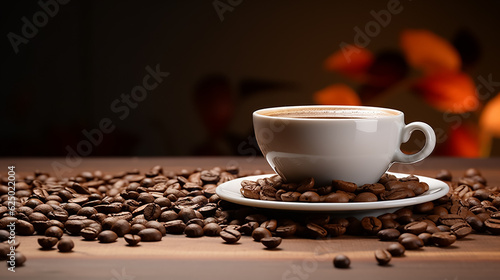 Coffee Cup, Coffee Beans on Table with empty copy space for text