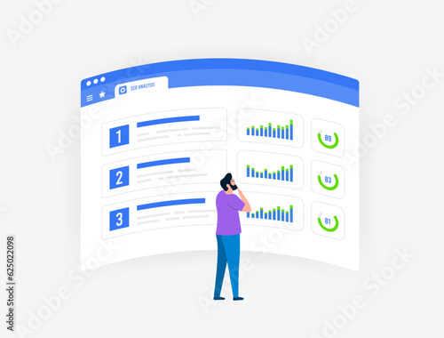 SEO Competitor Analysis concept. Parsing and analysis of competitors in search results by number of backlinks, quality of content and keywords, indicators of various seo metrics