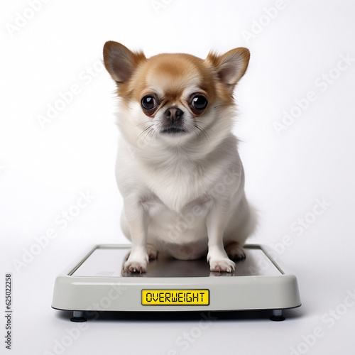 Obese Chihuahua sitting on a scale that shows OVERWEIGHT on the display. Generative AI.