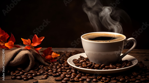 Cup of hot delicious coffee and coffee beans on background of picturesque coffee plantation
