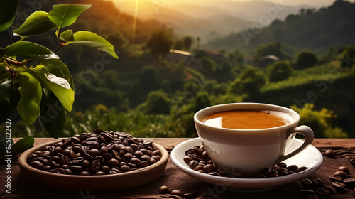 Hot and Delicious Coffee with Coffee Beans on Nature-themed Background