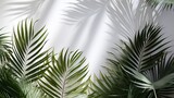 Tropical palm leaves shadows on white textured wall background. AI generated