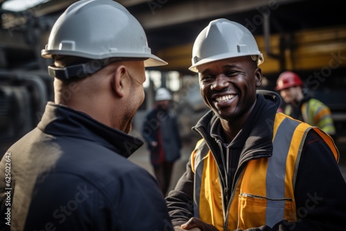 Smiling engineer holding hands at the construction site with happy architect Handshake between the African construction manager and businessman at the construction site.