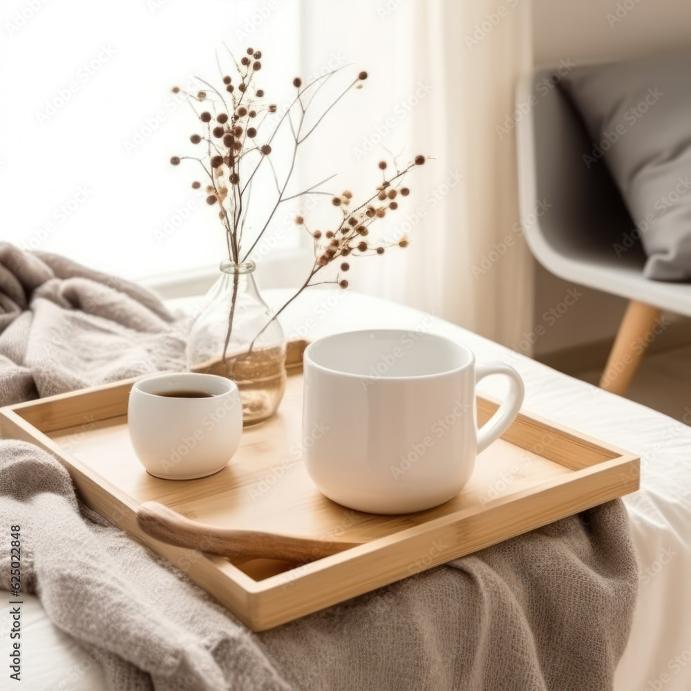 Place a white mug on a wooden tray
Place a white mug on a wooden tray