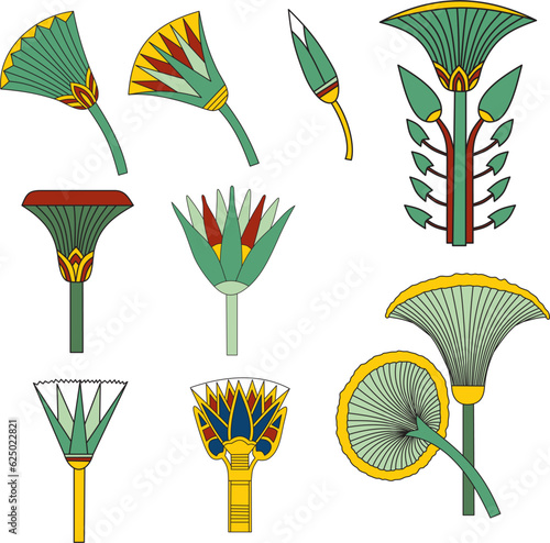 Vector colored set of ancient Egyptian signs and symbols. Lotus flower..