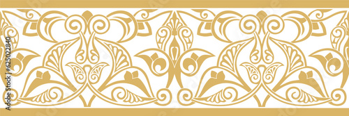 Vector golden seamless oriental national ornament. Endless ethnic floral border, arab peoples frame. Persian painting.