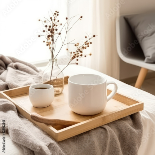 Place a white mug on a wooden tray 