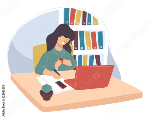 Woman working in office looking time at watch