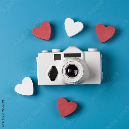 White Painted Camera and Hearts on Blue Background. Minimalism