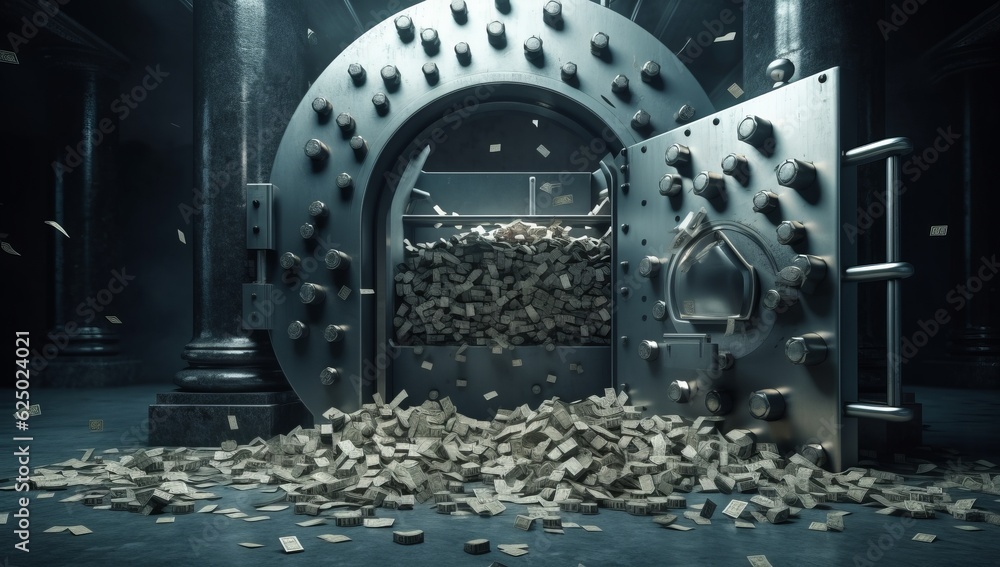Money pouring out of a bank vault - Wealth and abundance concept, Generative AI - obrazy, fototapety, plakaty 