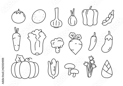Cute doodle vegetable cartoon icons and objects. Vegetable line icon set—black and white illustration.