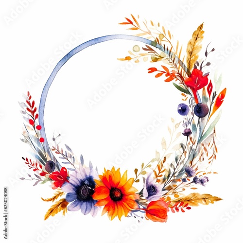 Illustration watercolor circular frame with orange and blue flowers for otkrtyka or holiday invitation design 