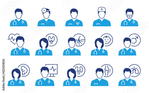 Doctor icons, such as pediatrician, cardiologist, dermatologist, gastroenterologist, pulmonologist and more.